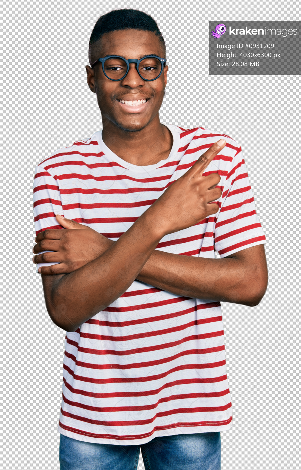 Young african american man wearing casual t shirt and glasses with a big smile on face, pointing with hand and finger to the side looking at the camera.