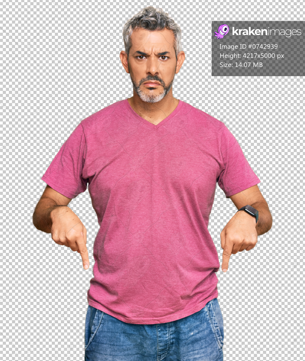 Middle age grey-haired man wearing casual clothes pointing down looking sad and upset, indicating direction with fingers, unhappy and depressed.