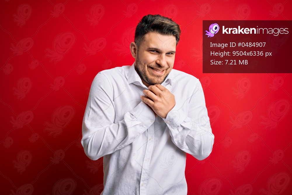 Young business man with blue eyes wearing elegant shirt standing over red isolated background laughing nervous and excited with hands on chin looking to the side