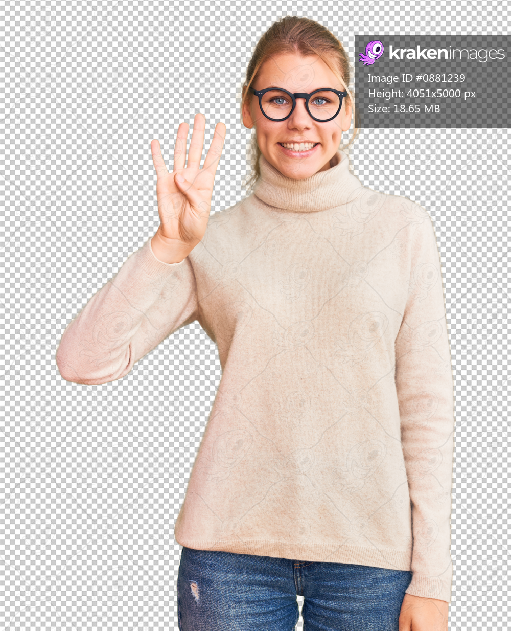 Young beautiful blonde woman wearing turtleneck sweater and glasses showing and pointing up with fingers number four while smiling confident and happy.
