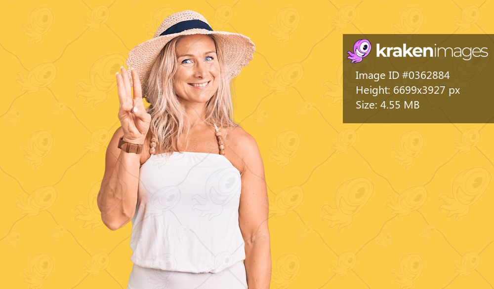 Middle age fit blonde woman wearing summer hat showing and pointing up with fingers number three while smiling confident and happy. 
