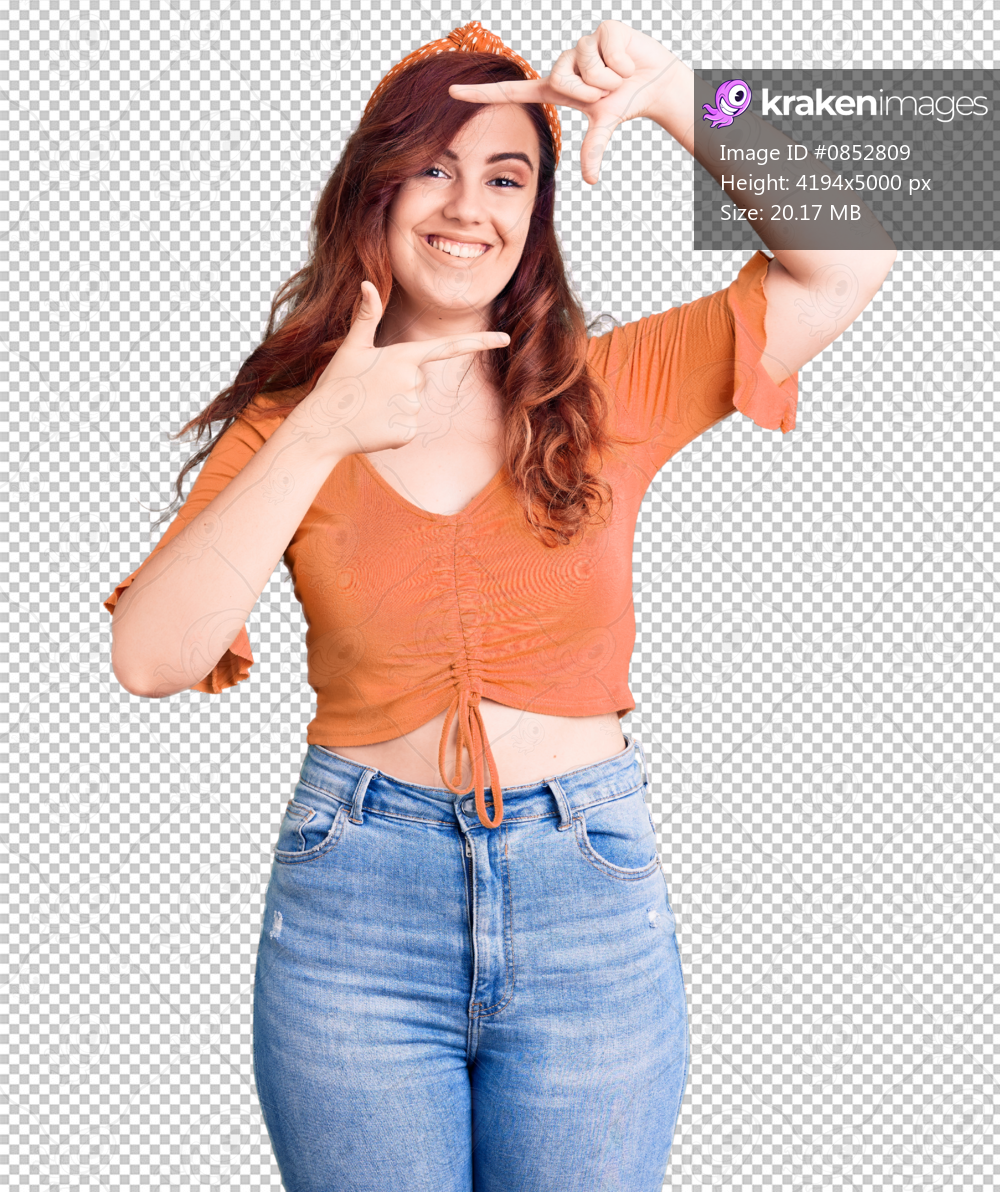 Young beautiful woman wearing casual clothes smiling making frame with hands and fingers with happy face. creativity and photography concept.
