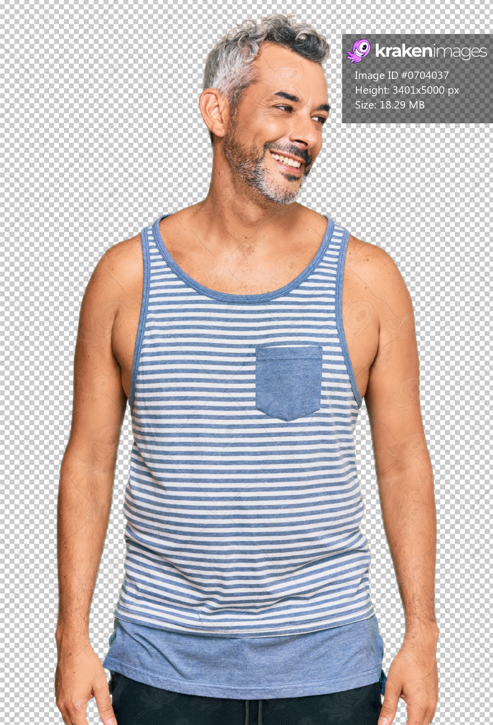 Middle age grey-haired man wearing casual style with sleeveless shirt looking away to side with smile on face, natural expression. laughing confident.