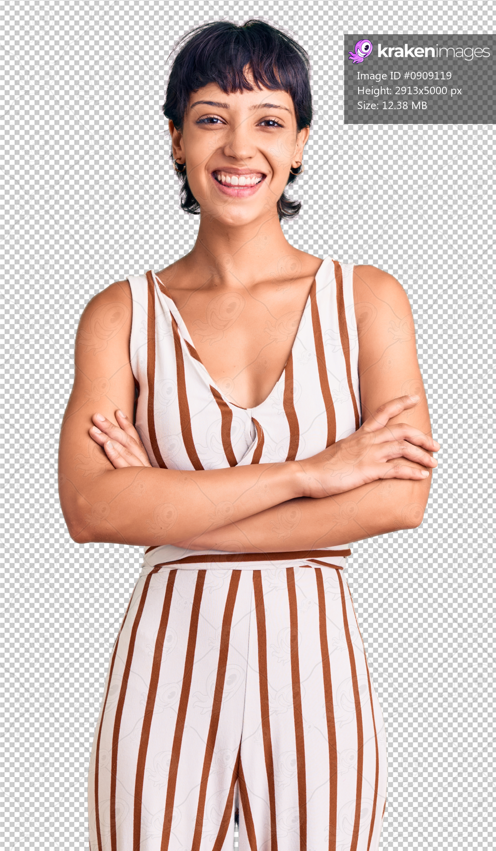Young brunette woman with short hair wearing summer outfit happy face smiling with crossed arms looking at the camera. positive person.