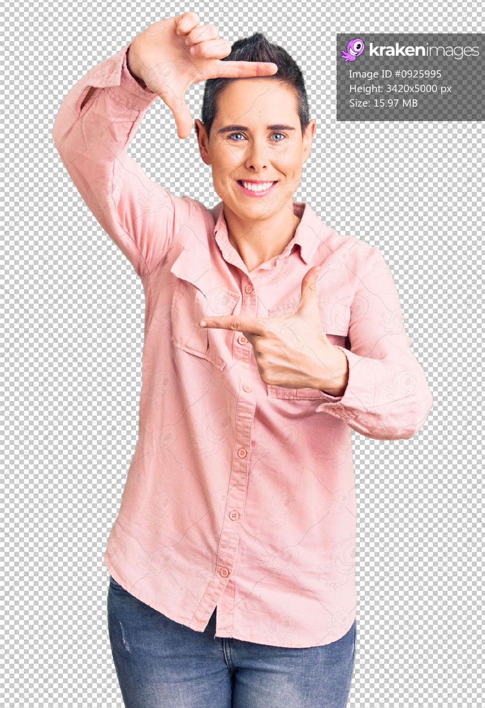 Young woman with short hair wearing casual clothes smiling making frame with hands and fingers with happy face. creativity and photography concept.