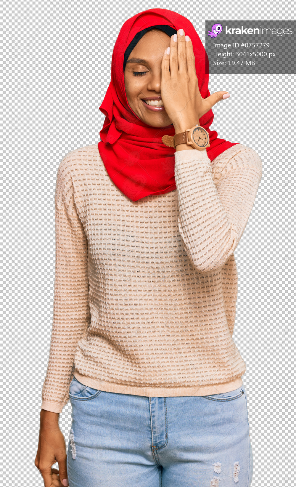 Young african american woman wearing traditional islamic hijab scarf covering one eye with hand, confident smile on face and surprise emotion.