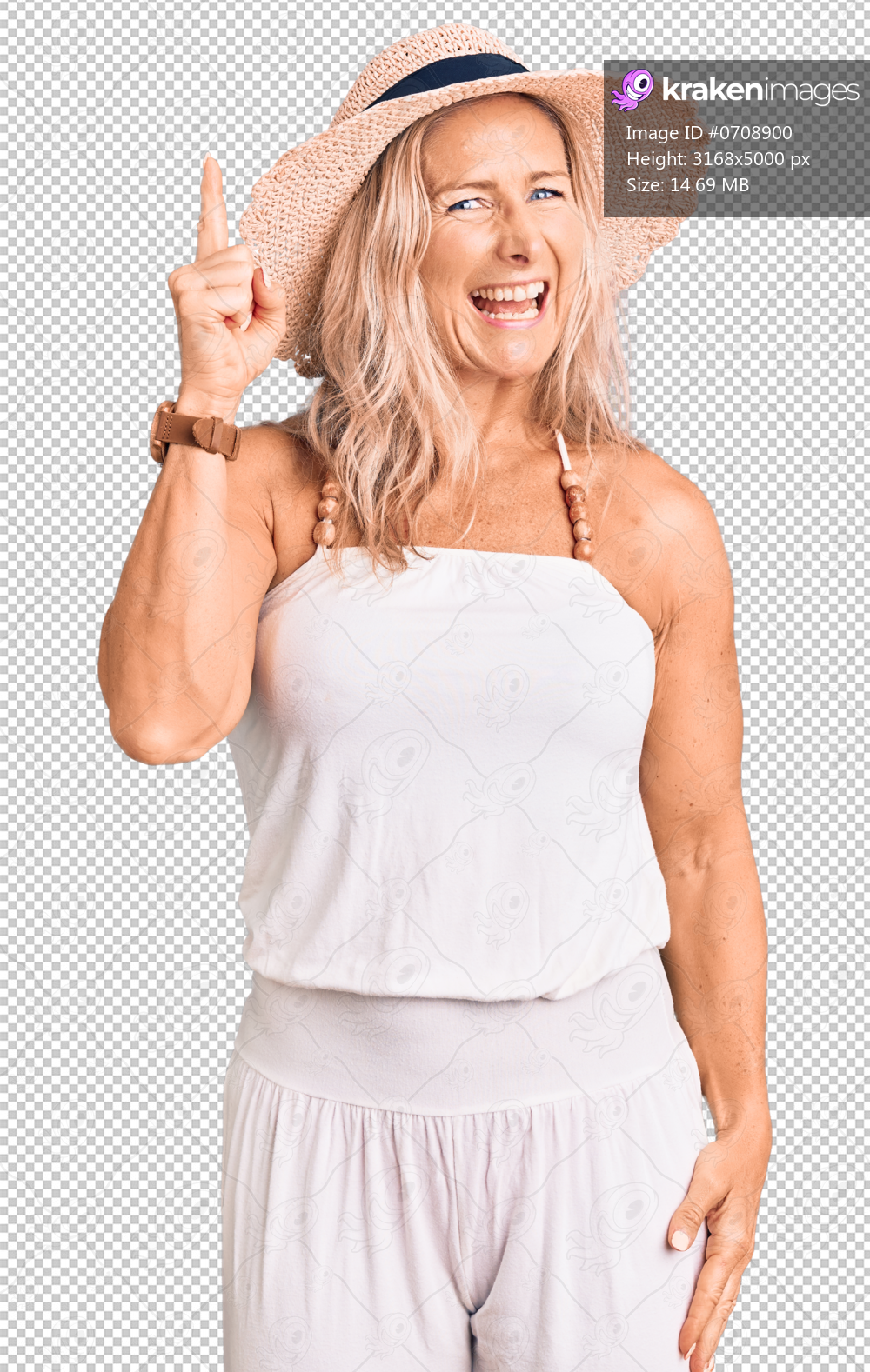 Middle age fit blonde woman wearing summer hat pointing finger up with successful idea. exited and happy. number one.