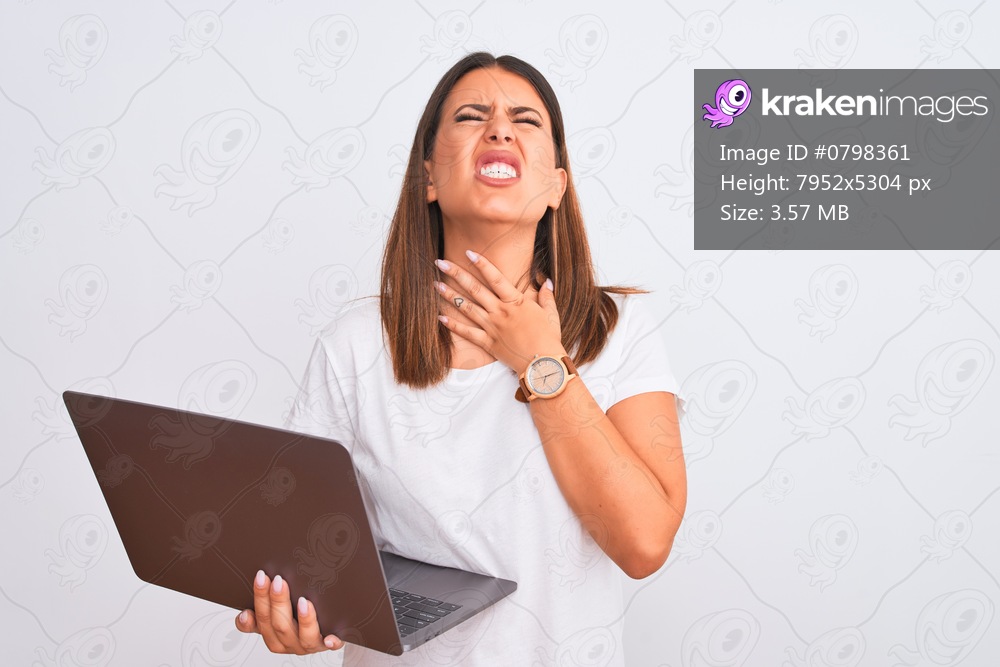 Beautiful young woman working using computer laptop over white background Touching painful neck, sore throat for flu, clod and infection