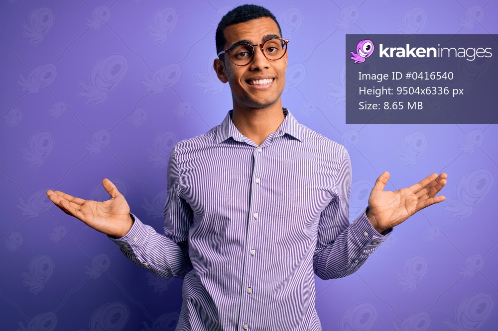 Handsome african american man wearing striped shirt and glasses over purple background smiling showing both hands open palms, presenting and advertising comparison and balance