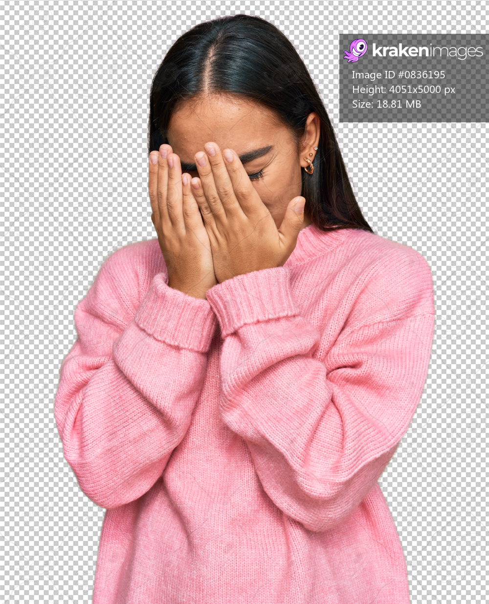 Young asian woman wearing casual winter sweater with sad expression covering face with hands while crying. depression concept.
