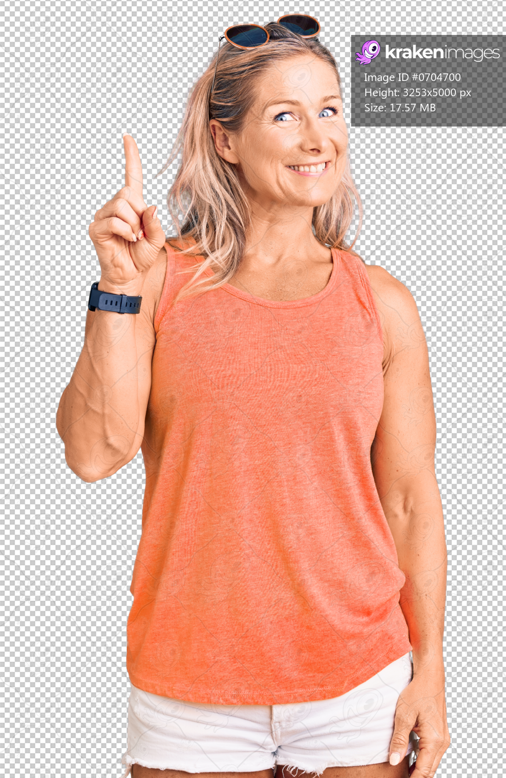 Middle age fit blonde woman wearing casual summer clothes and sunglasses showing and pointing up with finger number one while smiling confident and happy.