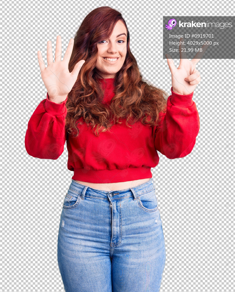 Young beautiful woman wearing casual winter sweater showing and pointing up with fingers number eight while smiling confident and happy.
