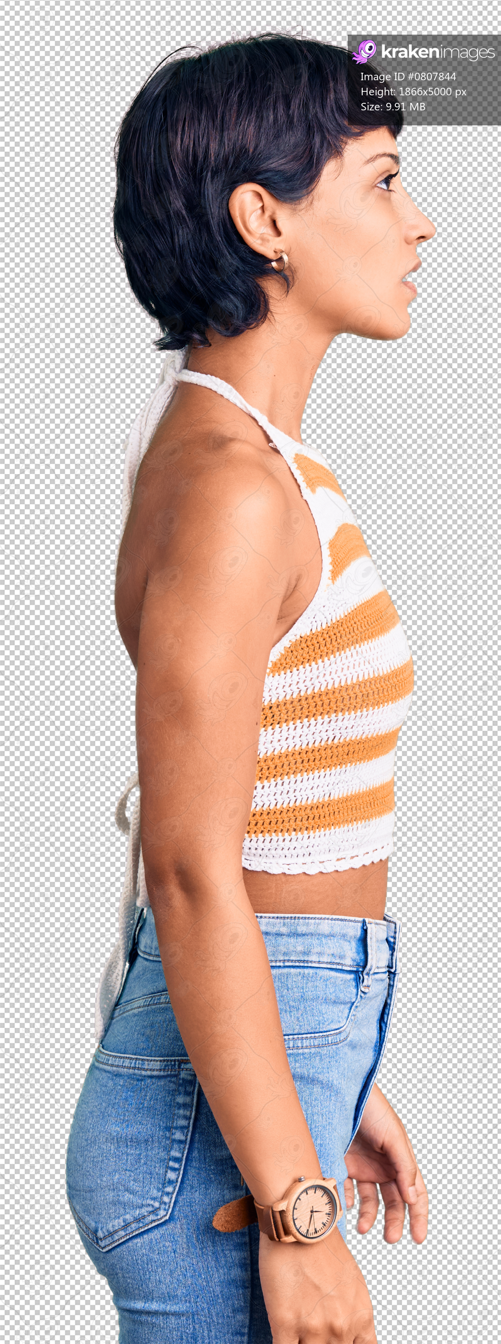 Young brunette woman with short hair wearing casual clothes looking to side, relax profile pose with natural face and confident smile.