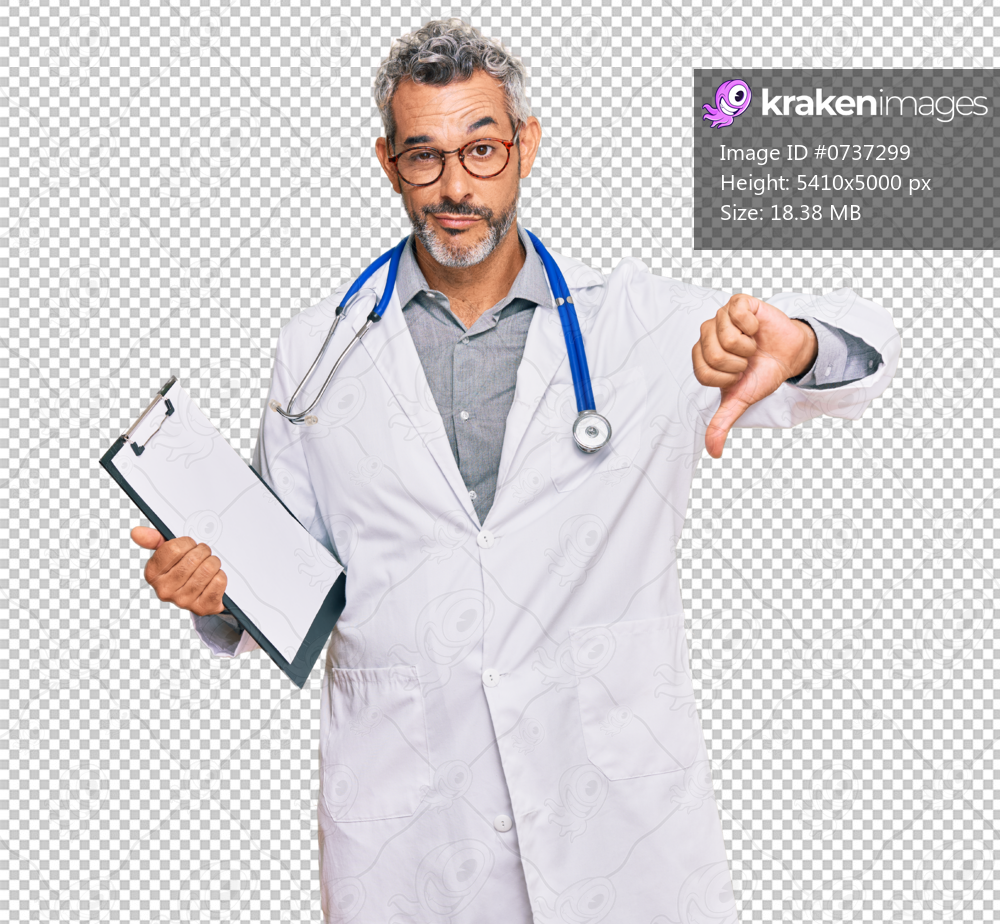 Middle age grey-haired man wearing doctor stethoscope holding clipboard with angry face, negative sign showing dislike with thumbs down, rejection concept