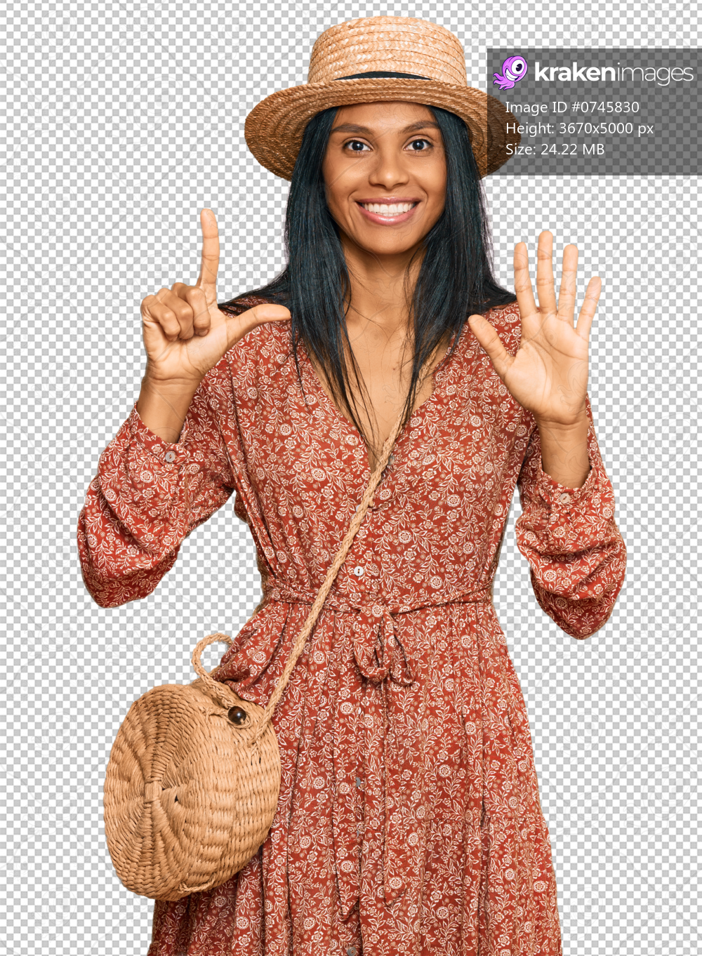 Young african american woman wearing summer hat showing and pointing up with fingers number seven while smiling confident and happy.