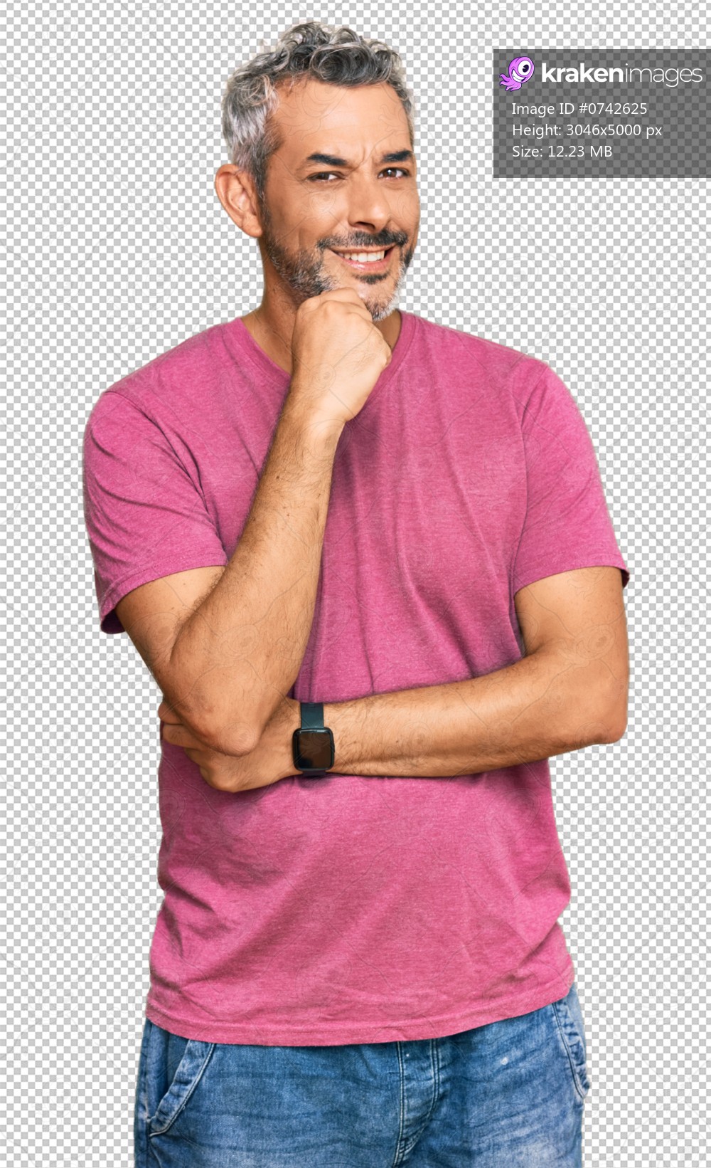 Middle age grey-haired man wearing casual clothes looking confident at the camera smiling with crossed arms and hand raised on chin. thinking positive.