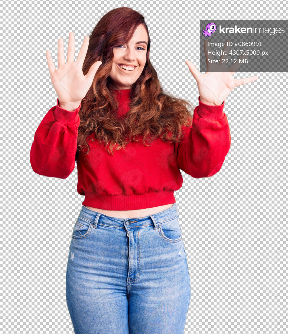 Young beautiful woman wearing casual winter sweater showing and pointing up with fingers number ten while smiling confident and happy.