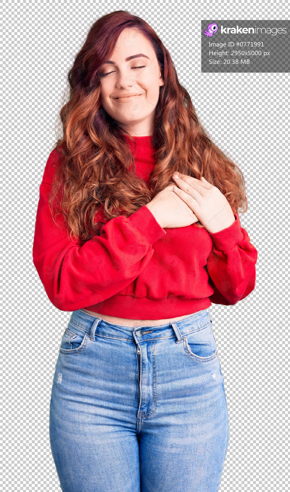 Young beautiful woman wearing casual winter sweater smiling with hands on chest with closed eyes and grateful gesture on face. health concept.