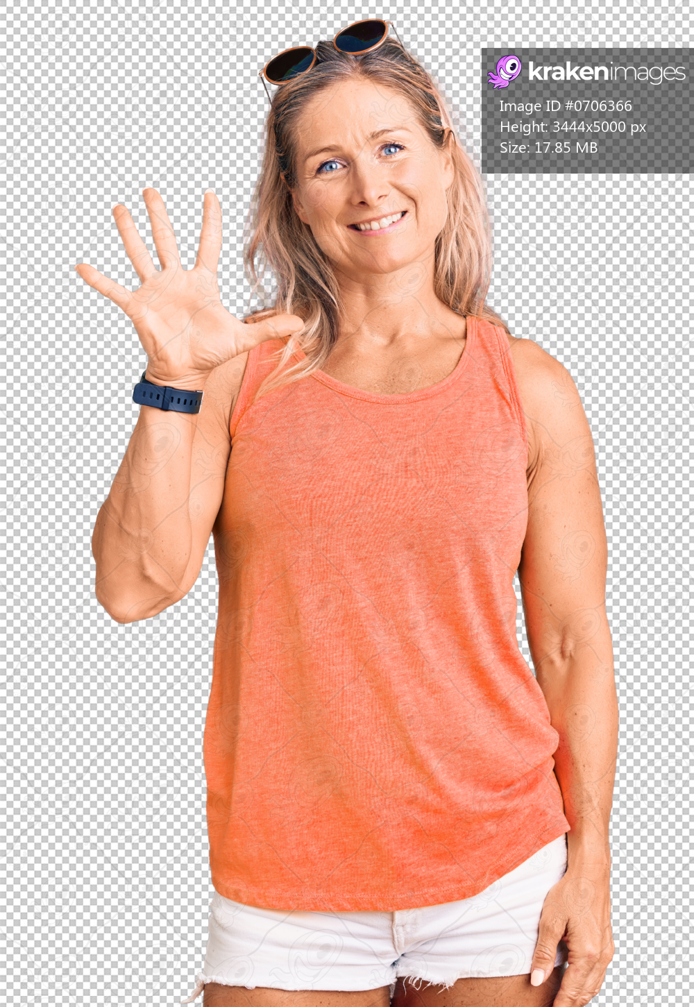 Middle age fit blonde woman wearing casual summer clothes and sunglasses showing and pointing up with fingers number five while smiling confident and happy.