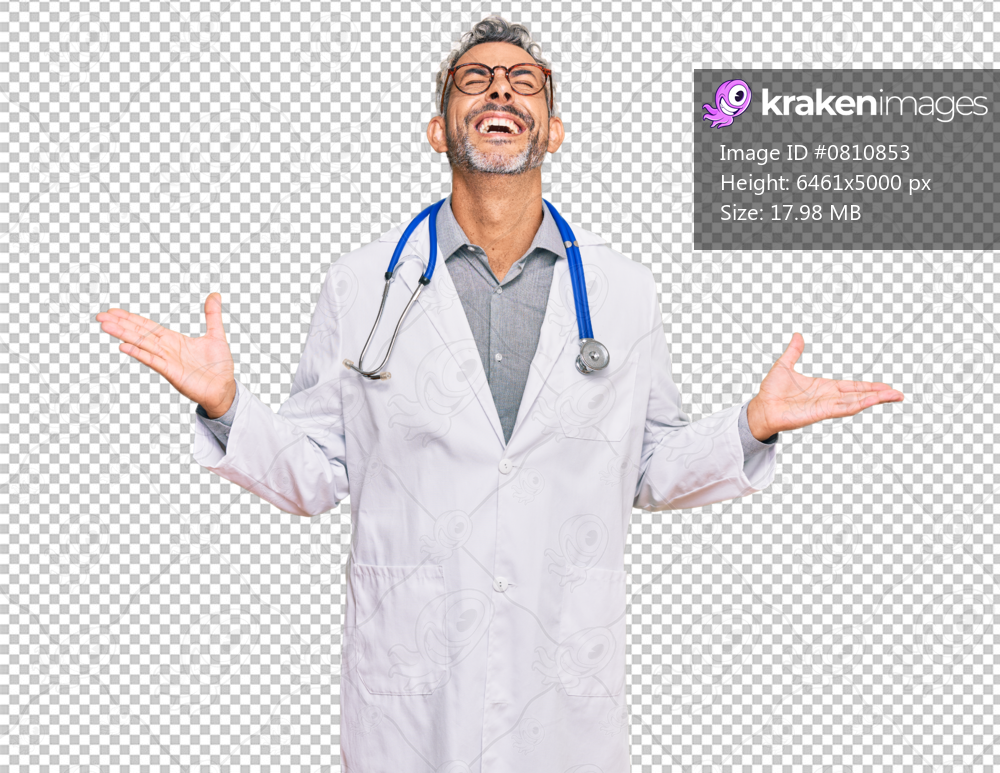 Middle age grey-haired man wearing doctor uniform and stethoscope celebrating mad and crazy for success with arms raised and closed eyes screaming excited. winner concept