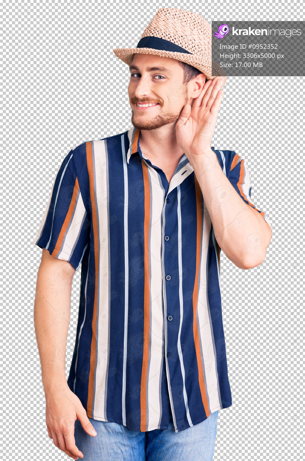 Young handsome caucasian man wearing summer hat smiling with hand over ear listening an hearing to rumor or gossip. deafness concept.