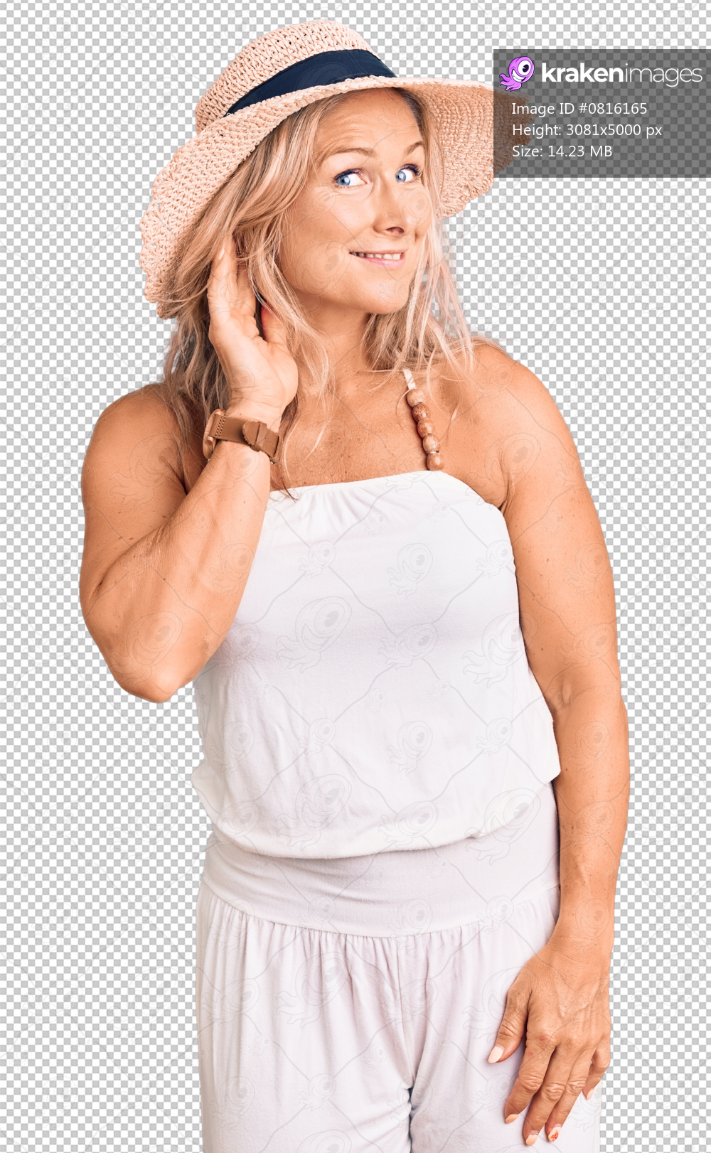 Middle age fit blonde woman wearing summer hat smiling with hand over ear listening an hearing to rumor or gossip. deafness concept.