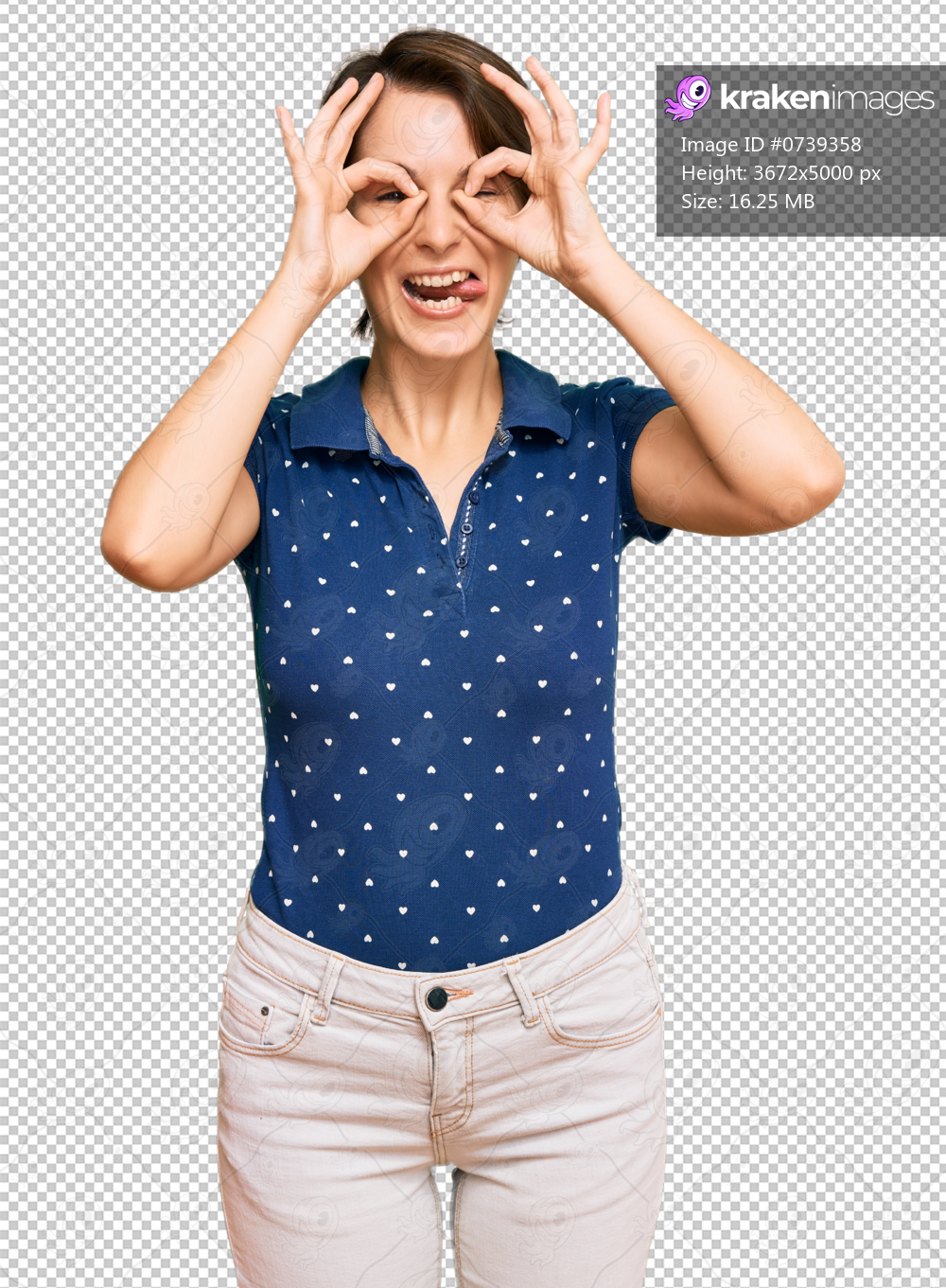 Young brunette woman with short hair wearing casual clothes doing ok gesture like binoculars sticking tongue out, eyes looking through fingers. crazy expression.