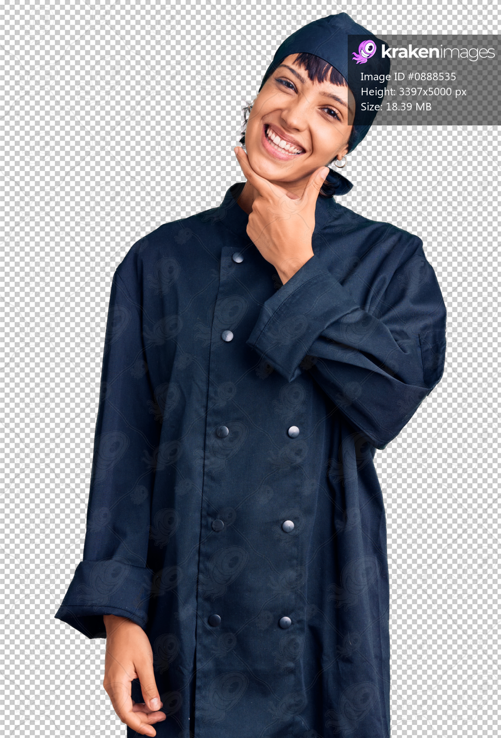 Young brunette woman with short hair wearing professional cook uniform looking confident at the camera smiling with crossed arms and hand raised on chin. thinking positive.