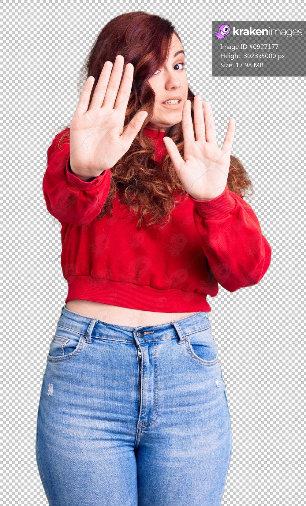 Young beautiful woman wearing casual winter sweater afraid and terrified with fear expression stop gesture with hands, shouting in shock. panic concept.