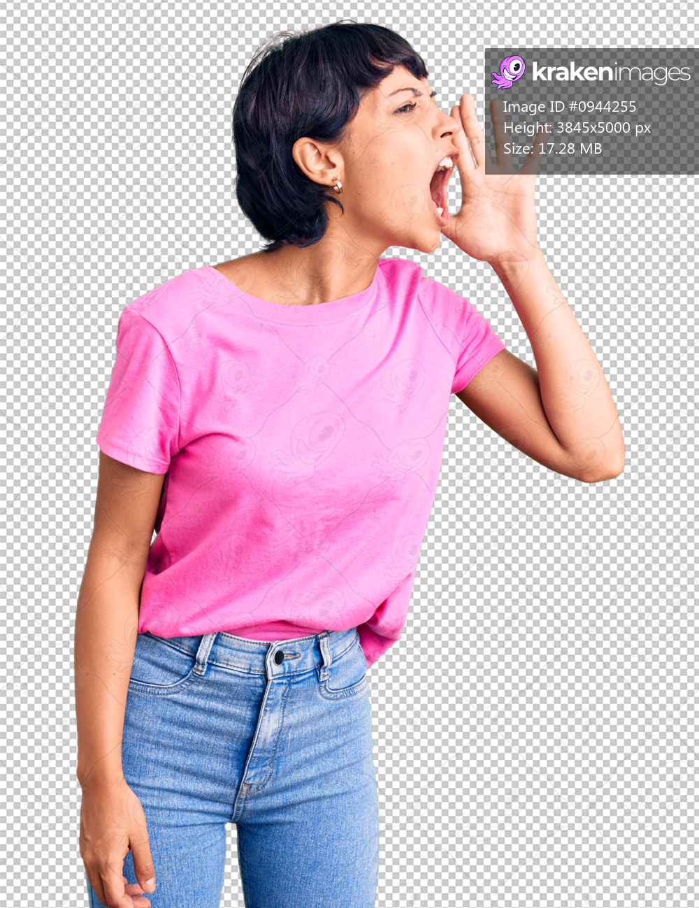 Young brunette woman with short hair wearing casual clothes shouting and screaming loud to side with hand on mouth. communication concept.