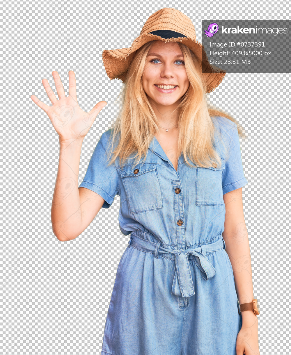 Young beautiful blonde woman wearing summer hat and dress showing and pointing up with fingers number five while smiling confident and happy.