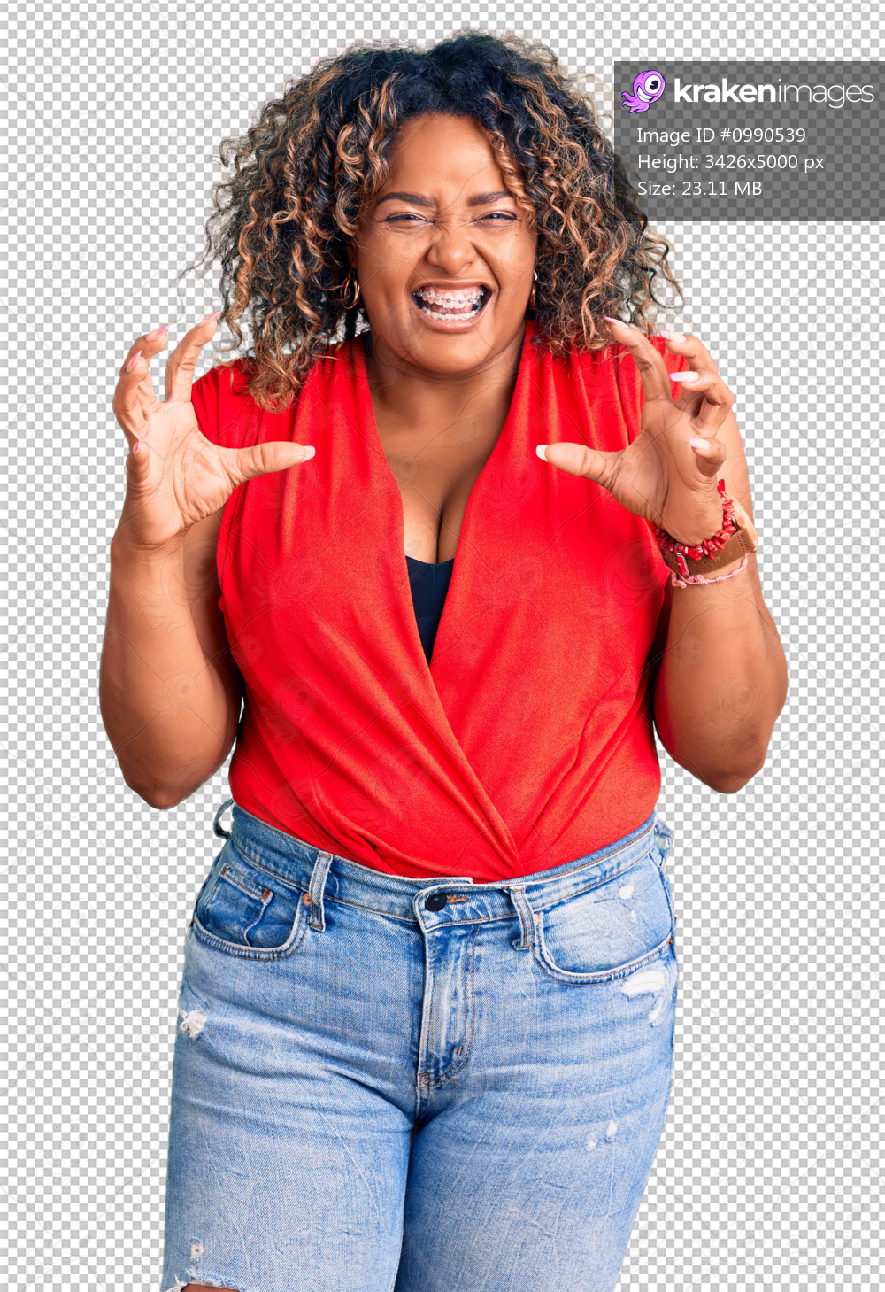 Young african american plus size woman wearing casual style with sleeveless shirt smiling funny doing claw gesture as cat, aggressive and sexy expression