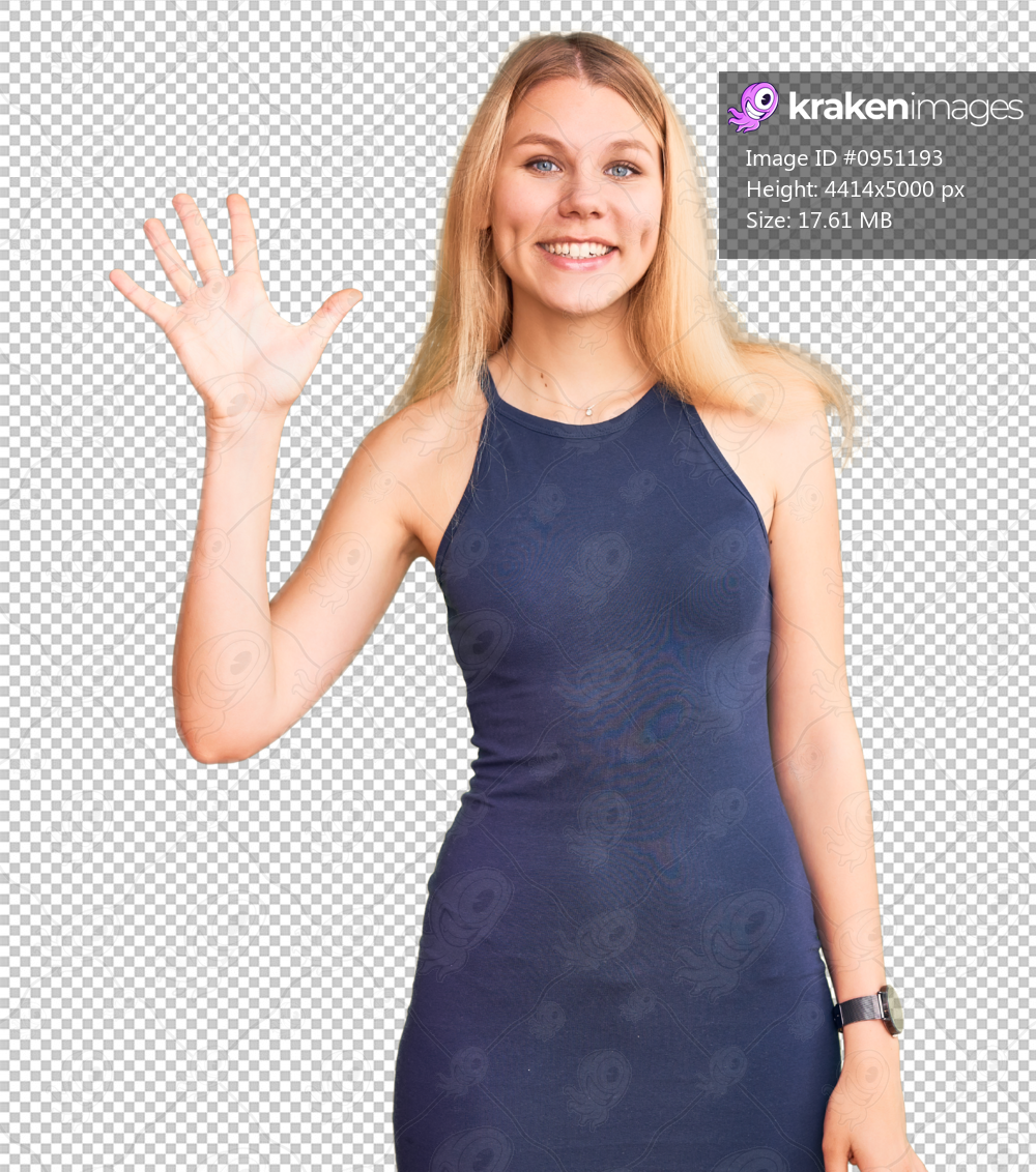 Young beautiful blonde woman wearing casual dress showing and pointing up with fingers number five while smiling confident and happy.