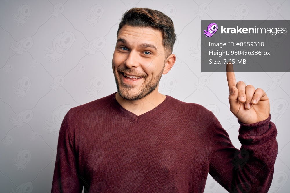 Young man with blue eyes wearing casual sweater standing over isolated background pointing finger up with successful idea. Exited and happy. Number one.