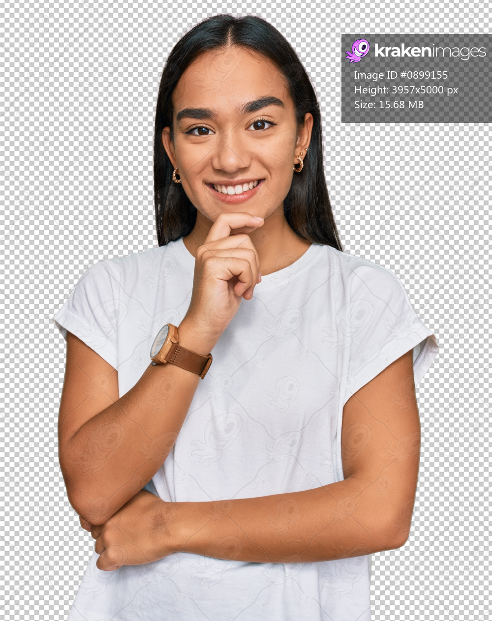 Young asian woman wearing casual white t shirt looking confident at the camera with smile with crossed arms and hand raised on chin. thinking positive.