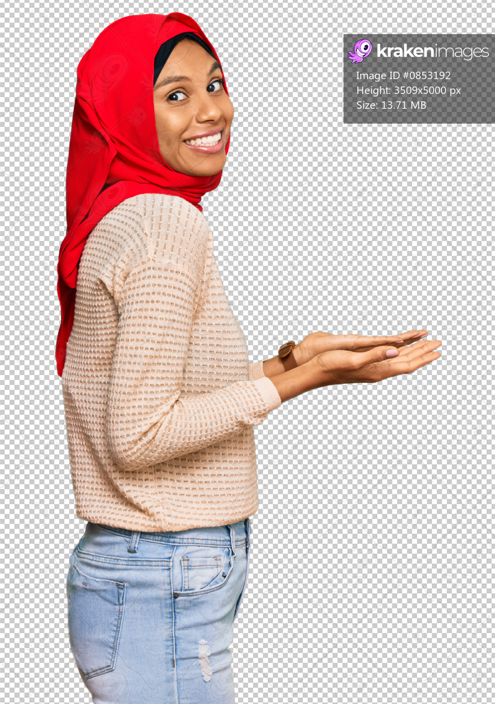 Young african american woman wearing traditional islamic hijab scarf pointing aside with hands open palms showing copy space, presenting advertisement smiling excited happy