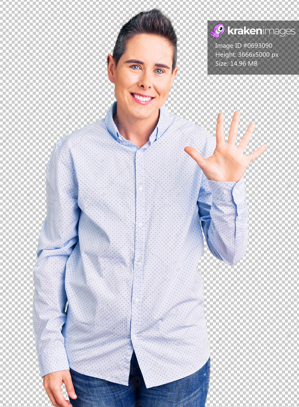 Young woman with short hair wearing business clothes showing and pointing up with fingers number five while smiling confident and happy.