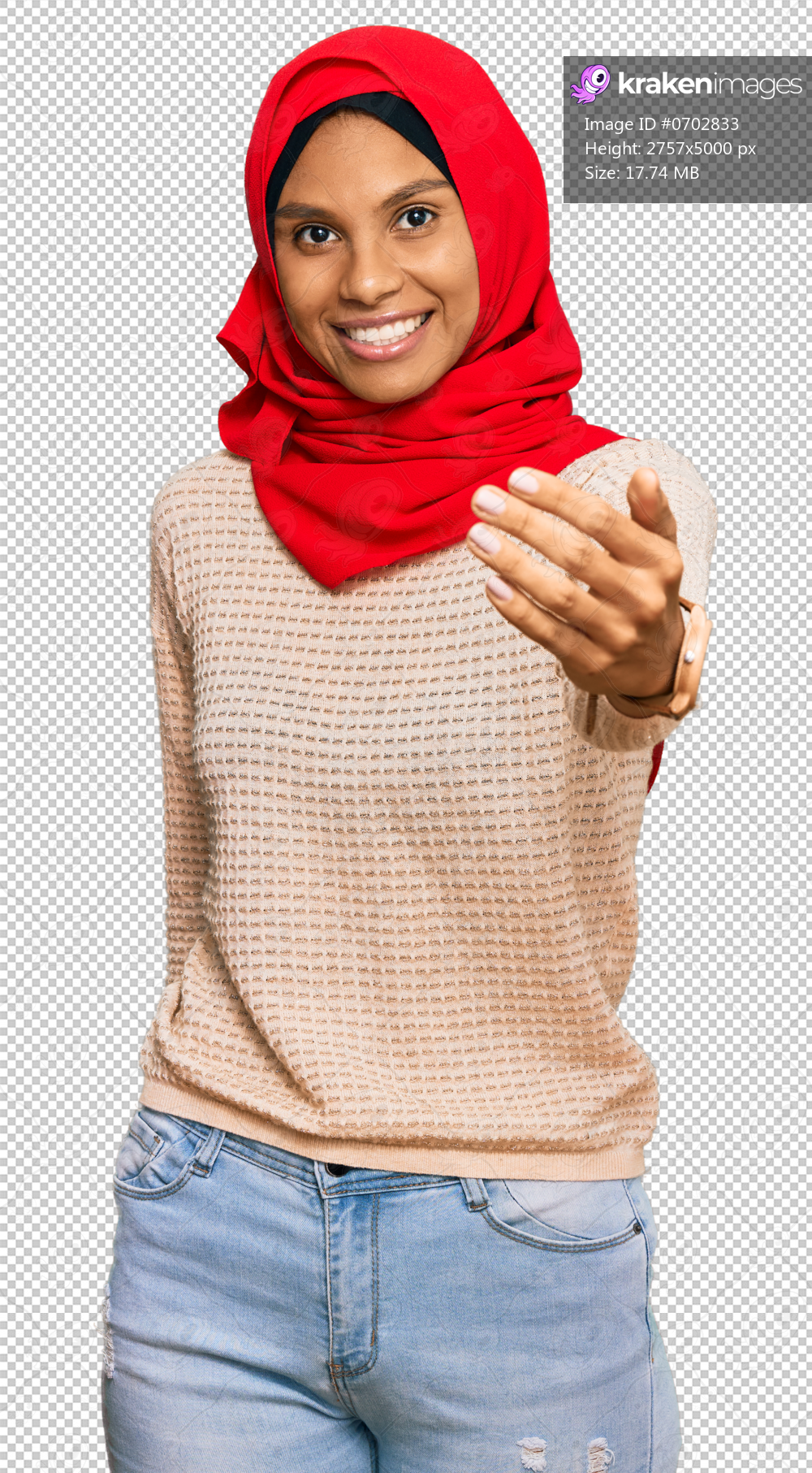 Young african american woman wearing traditional islamic hijab scarf smiling cheerful offering palm hand giving assistance and acceptance.
