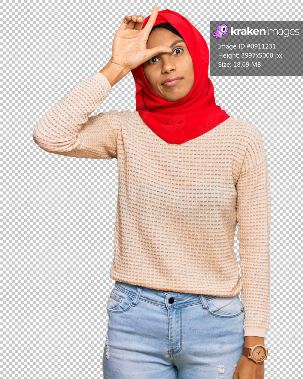 Young african american woman wearing traditional islamic hijab scarf making fun of people with fingers on forehead doing loser gesture mocking and insulting.