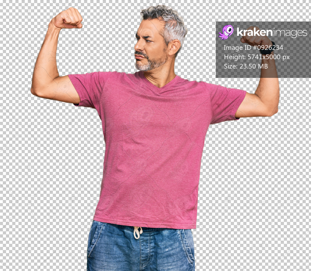 Middle age grey-haired man wearing casual clothes showing arms muscles smiling proud. fitness concept.