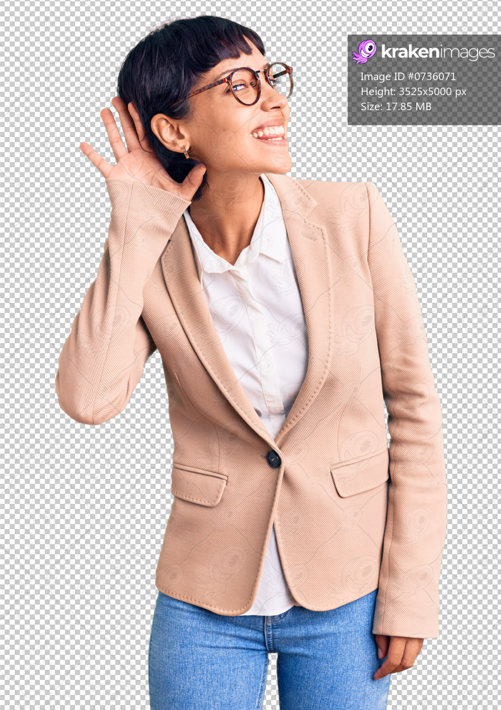 Young brunette woman with short hair wearing business jacket and glasses smiling with hand over ear listening an hearing to rumor or gossip. deafness concept.