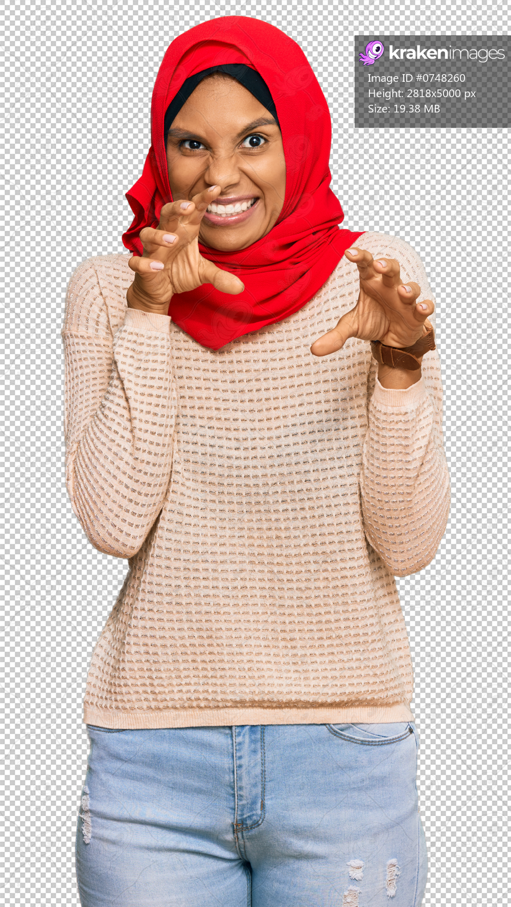 Young african american woman wearing traditional islamic hijab scarf smiling funny doing claw gesture as cat, aggressive and sexy expression