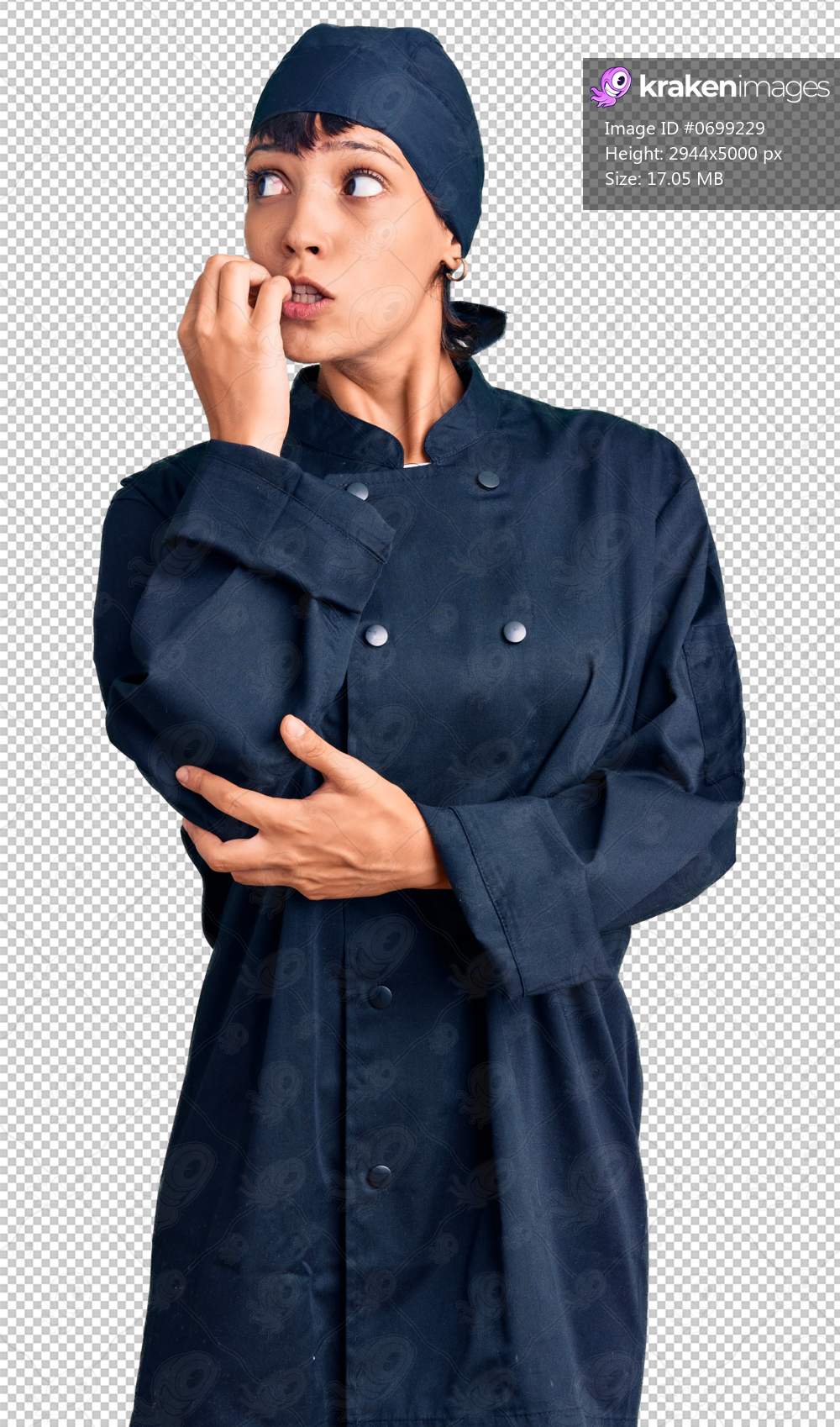 Young brunette woman with short hair wearing professional cook uniform looking stressed and nervous with hands on mouth biting nails. anxiety problem.