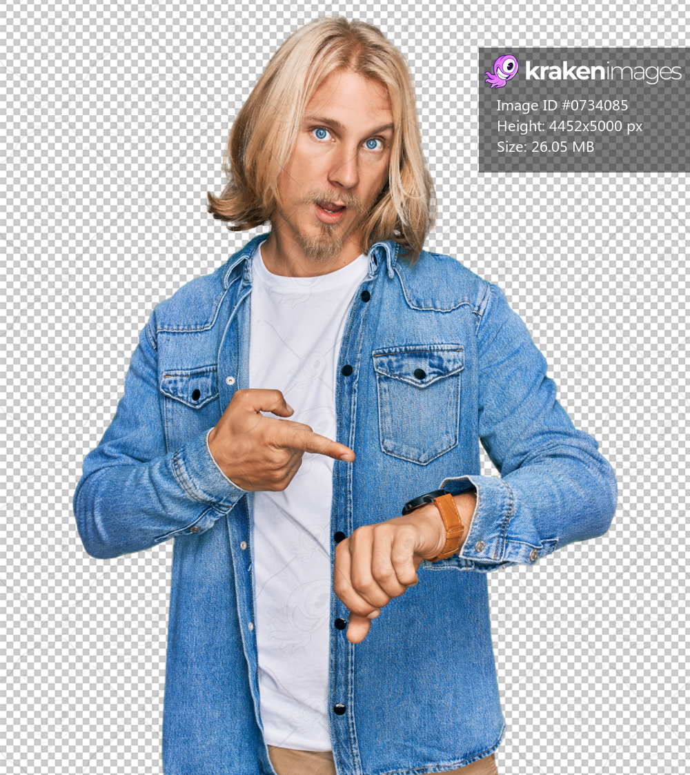 Caucasian man with blond long hair wearing casual denim jacket in hurry pointing to watch time, impatience, upset and angry for deadline delay
