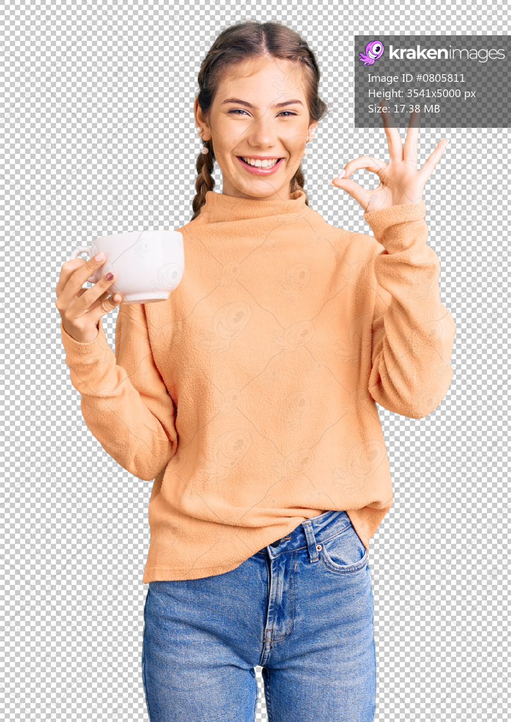 Beautiful caucasian woman with blonde hair drinking a coffee doing ok sign with fingers, smiling friendly gesturing excellent symbol