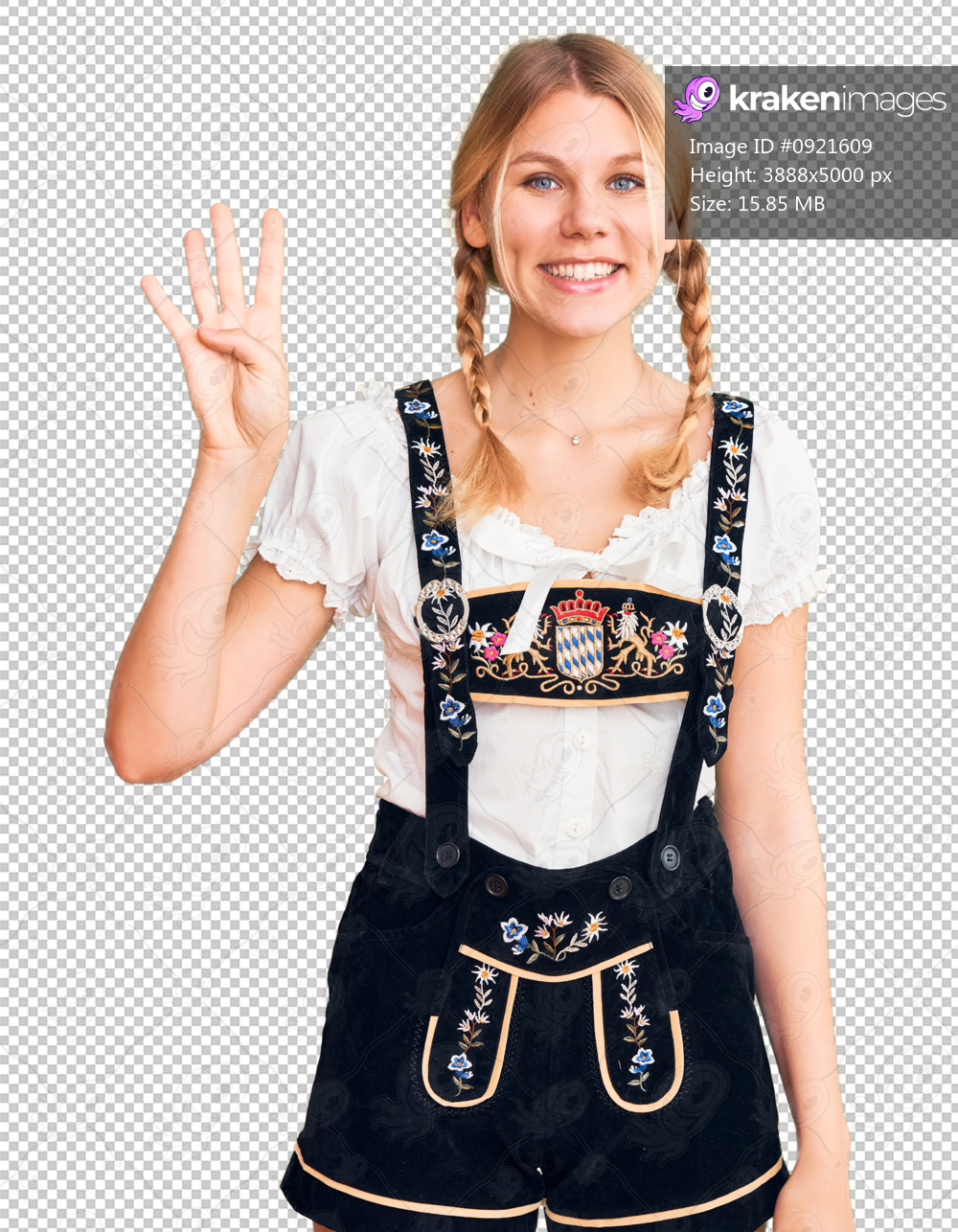 Young beautiful blonde woman wearing oktoberfest dress showing and pointing up with fingers number four while smiling confident and happy.