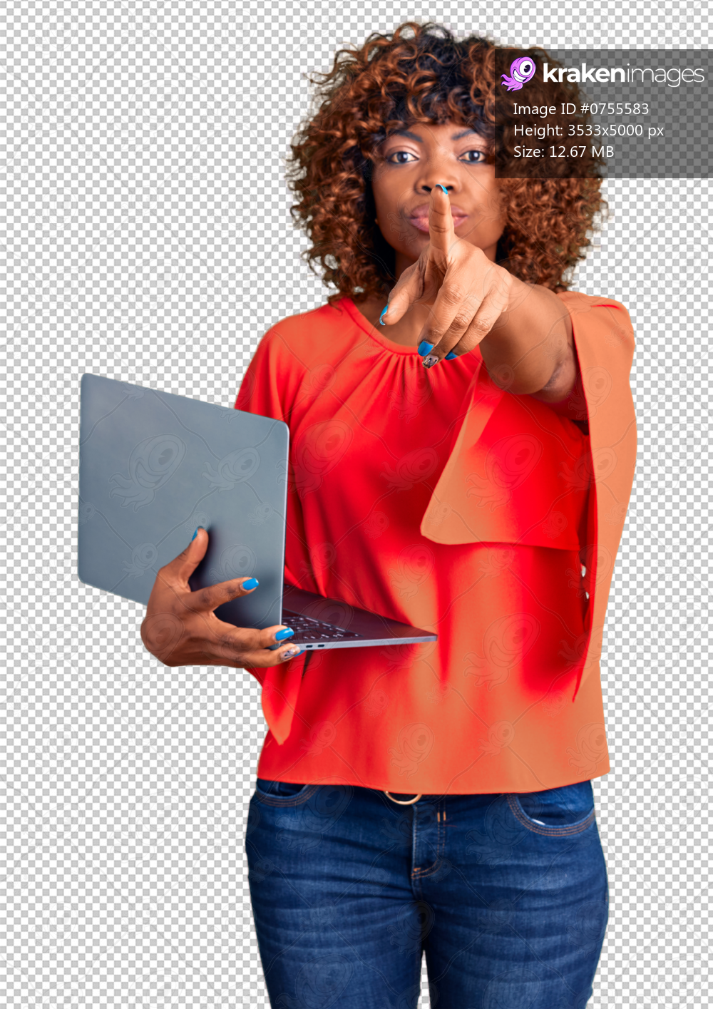 Young african american woman working using computer laptop pointing with finger to the camera and to you, confident gesture looking serious
