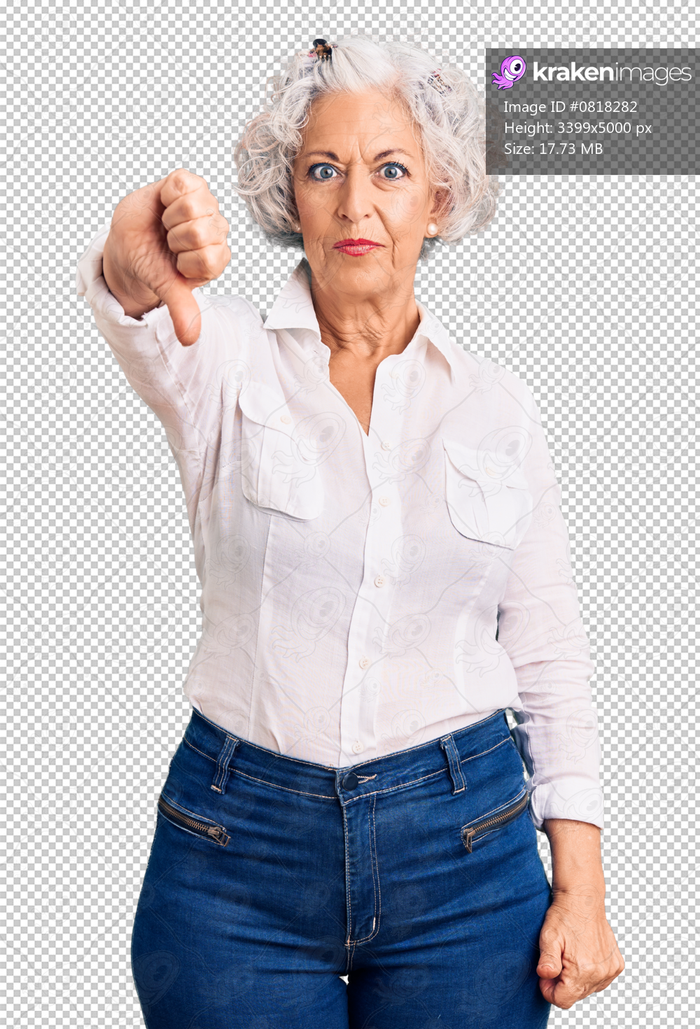 Senior grey-haired woman wearing casual clothes looking unhappy and angry showing rejection and negative with thumbs down gesture. bad expression.