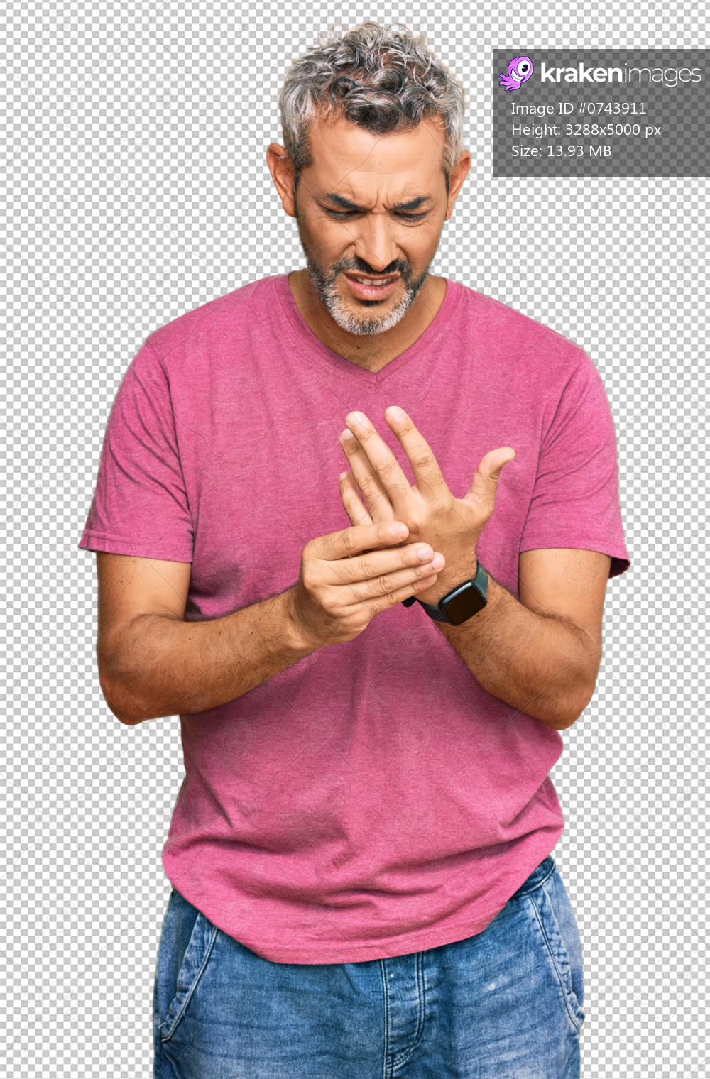 Middle age grey-haired man wearing casual clothes suffering pain on hands and fingers, arthritis inflammation