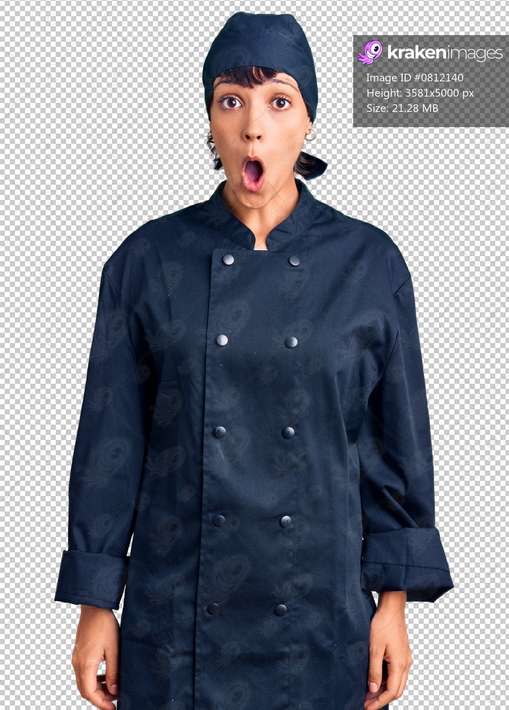 Young brunette woman with short hair wearing professional cook uniform afraid and shocked with surprise expression, fear and excited face.